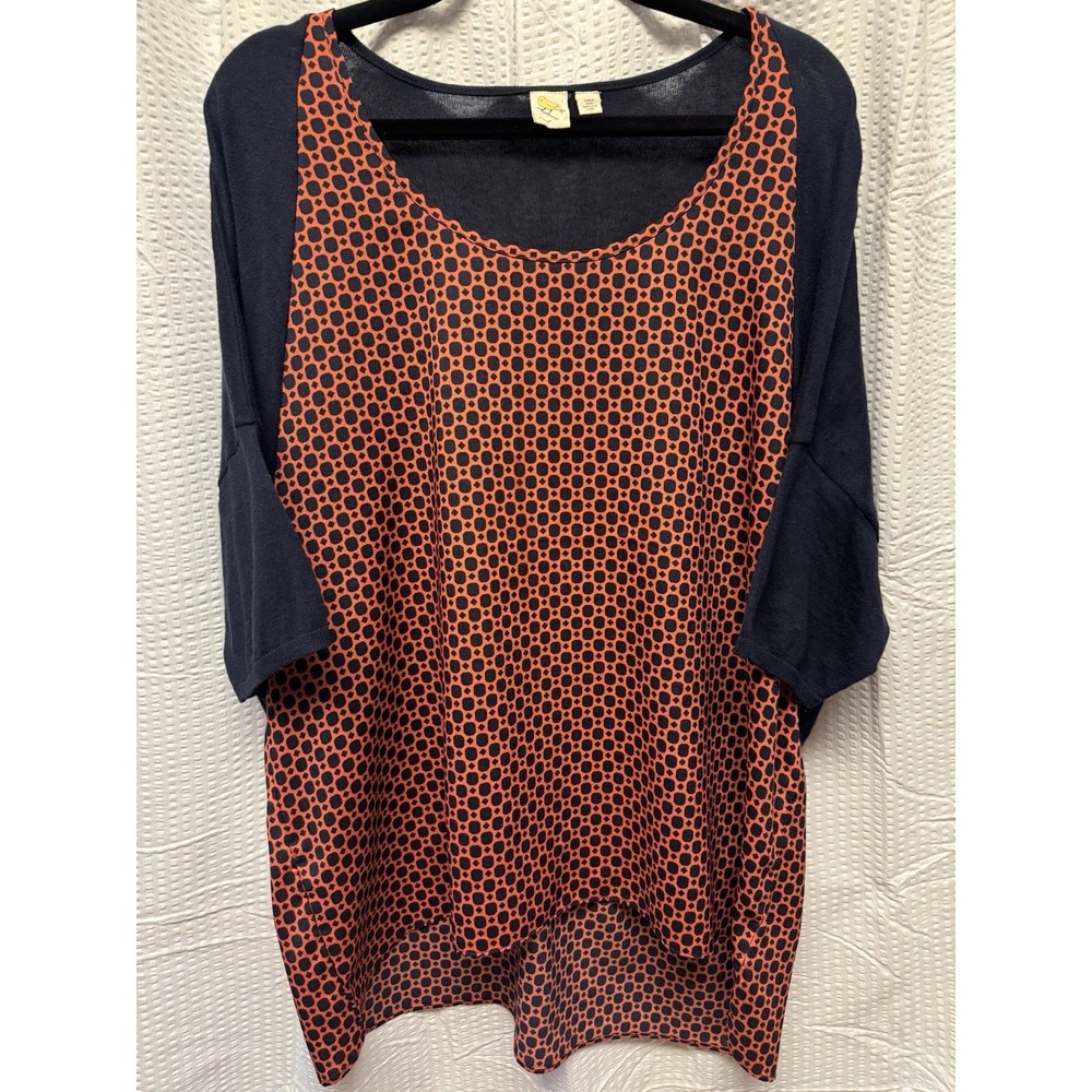 Anthrpologie Canary Short Sleeve Navy Orange Geometric Print Dolman XL Loose Fit